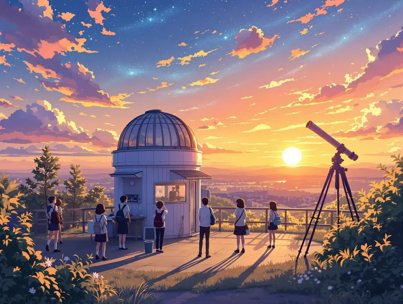 红果短剧魔改版最新 创作组天台 红果短剧魔改版最新创作组的天台工作场景:红砖旧楼屋顶上的望远镜与手绘星图